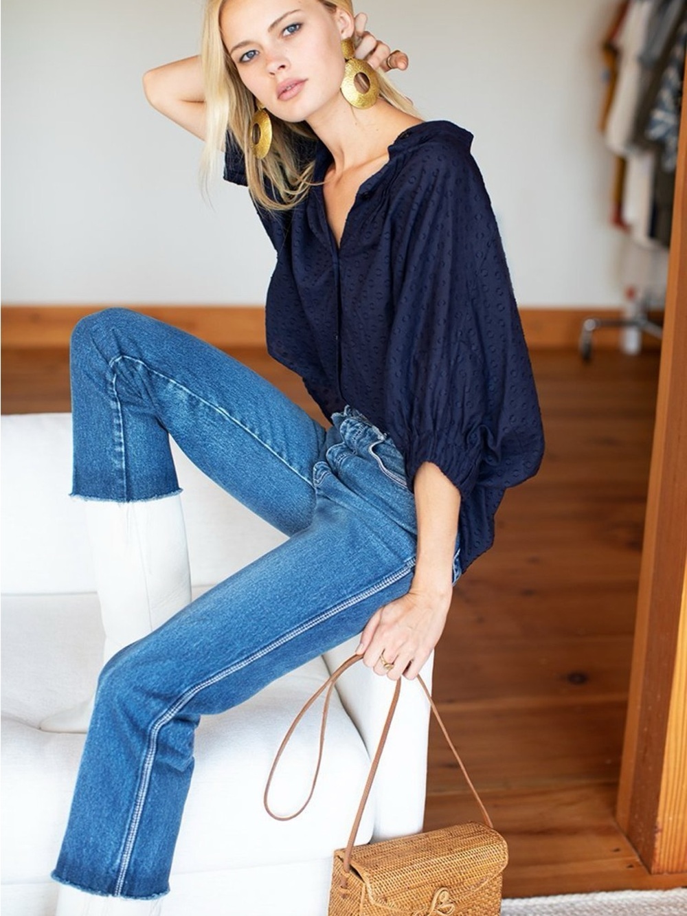 Emerson Fry Navy Blue Textured Peasant Blouse